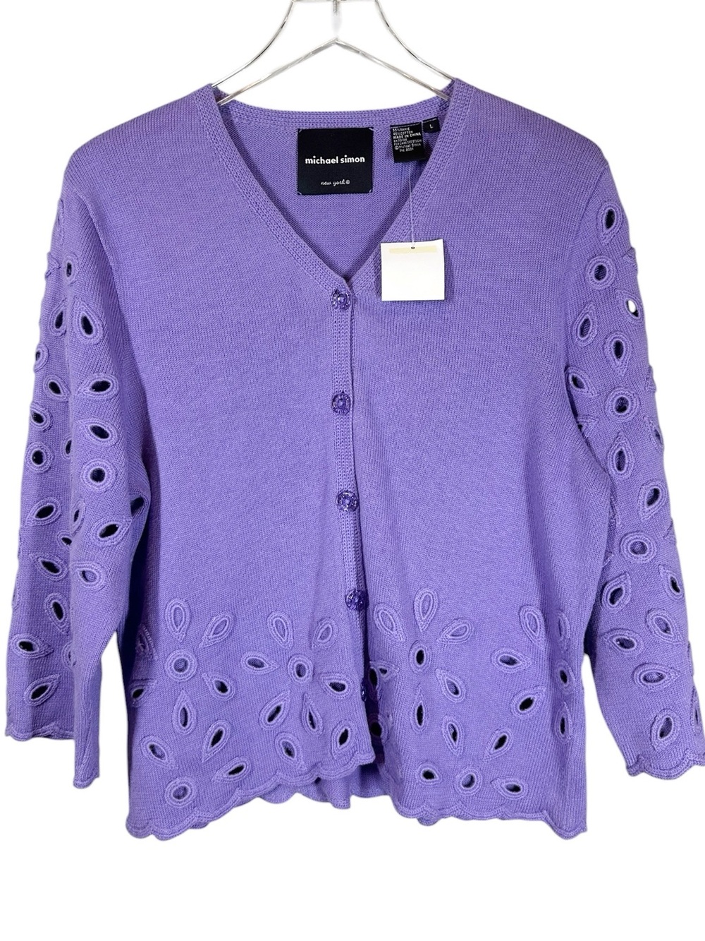 MICHAEL SIMON Vintage Deadstock Large Purple V-Neck Cardigan  Sweater Cut Out